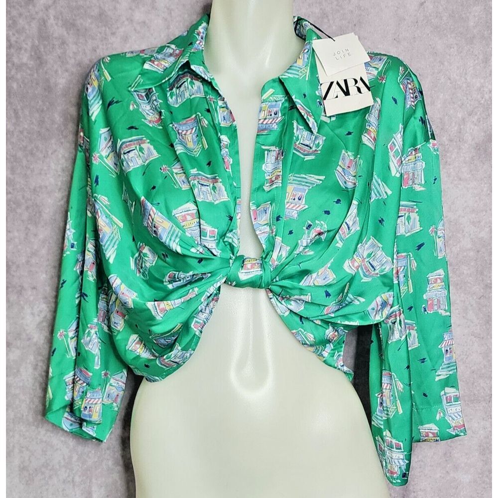 ZARA Green Twist Front Crop Top Blouse‎ Knotted Womens Size Medium Bell Sleeves
